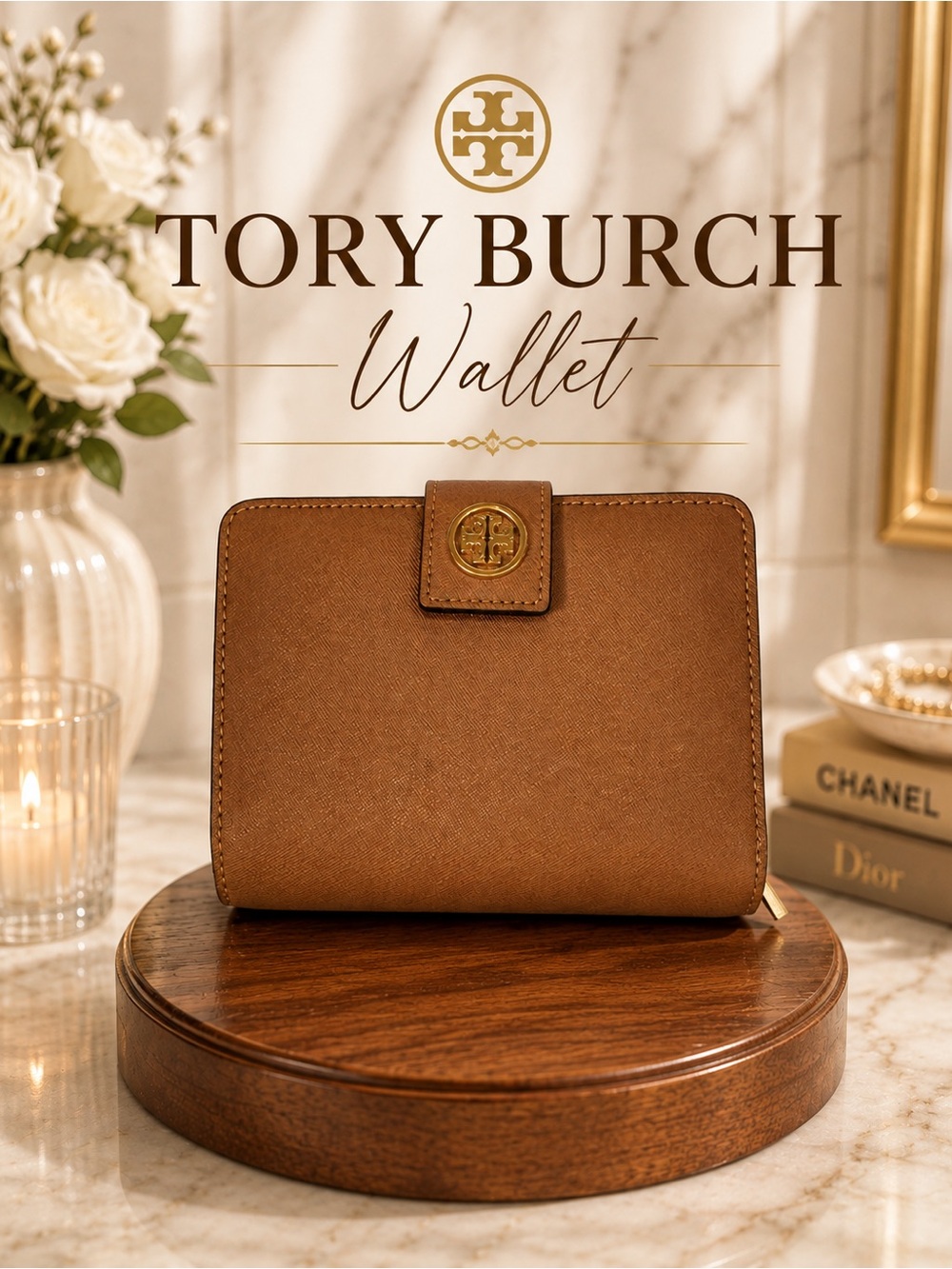 Tory Burch Cognac Brown Saffiano Leather Wallet with Gold Logo